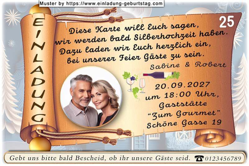 Die Einladung zur Silberhochzeit mit Ihrem Foto rund ausgeschnitten auf einer Schriftrolle