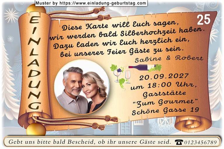 Die Einladung zur Silberhochzeit mit 2 Ihrer Fotos nebeneinander - Damals und Heute 