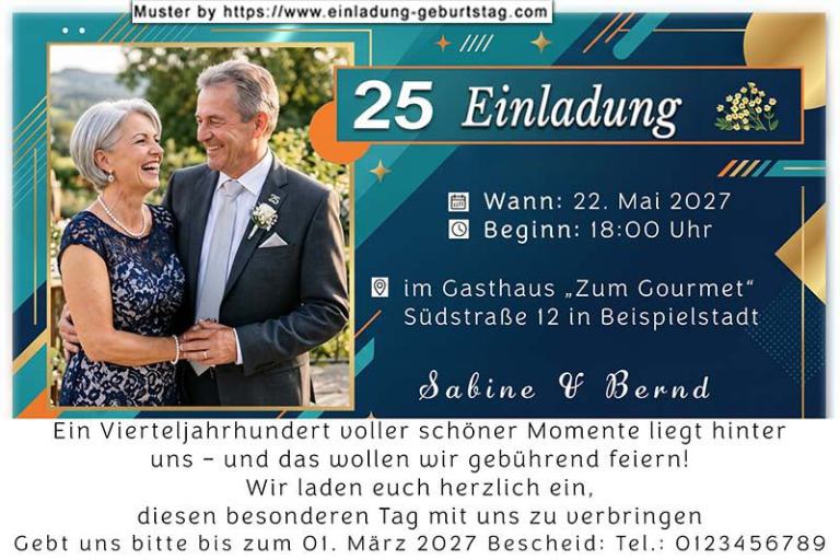 Die Einladung zur Silberhochzeit mit Ihrem Foto neben einer Schriftrolle
