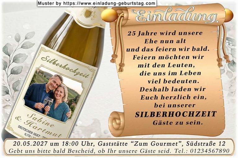 Die Einladung zur Silberhochzeit mit Ihrem Foto auf dem Etikett einer Sektflasche