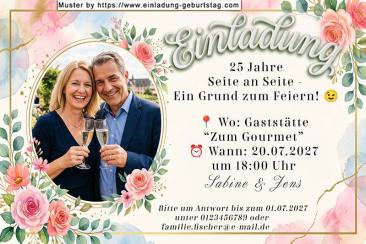 Die Einladung zur Silberhochzeit mit Ihrem Foto oval ausgeschnitten in einem floralen Rahmen.