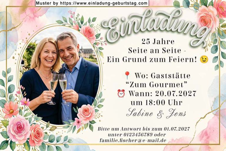 Die Einladung zur Silberhochzeit mit Ihrem Foto auf der Seite eines aufgeschlagenen Buches