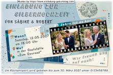 Die Einladung zur Silberhochzeit mit Ihrem Hochzeitsfoto neben einem aktuellen Foto in einem Filmstreifen.