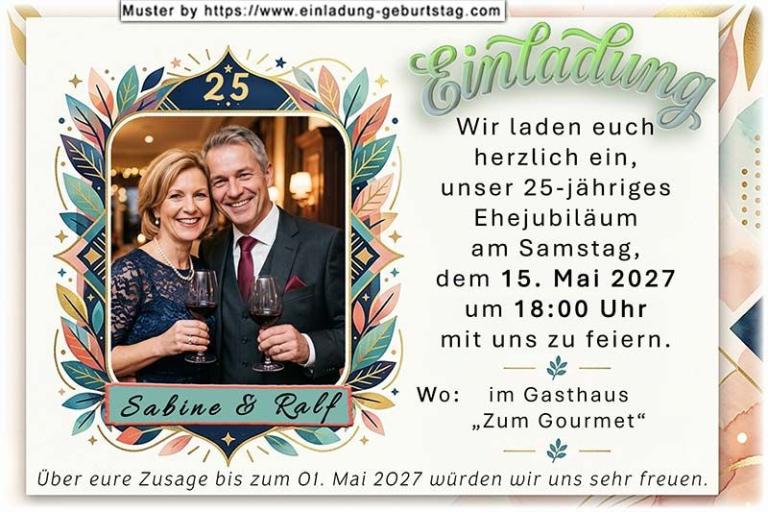 Die Einladung zur Silberhochzeit mit Ihrem Foto modern umrahmt.