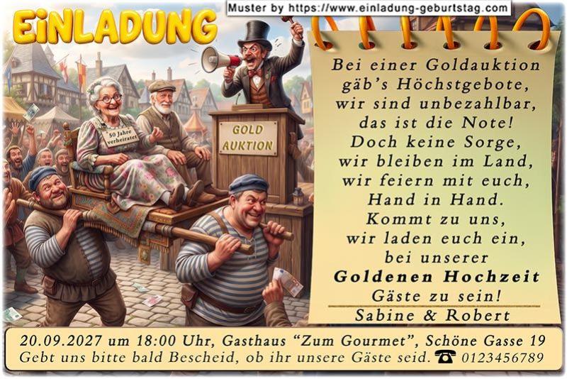 Bei einer Auktion wären Ihre 50 Ehejahre sehr viel Wert. Die lustige Einladung zur Goldenen Hochzeit mit dem Augenzwinkern.