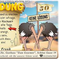 Die lustige Einladung zur Goldenen Hochzeit - ein Straußenpaar steckt den Kopf in den Sand - für Sie sind die beiden kein Vorbild - Sie feiern