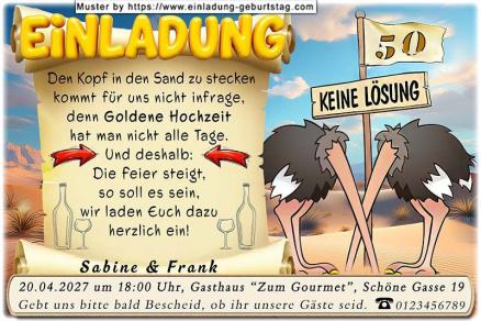 Die lustige Einladung zur Goldenen Hochzeit - ein Straußenpaar steckt den Kopf in den Sand - für Sie sind die beiden kein Vorbild - Sie feiern