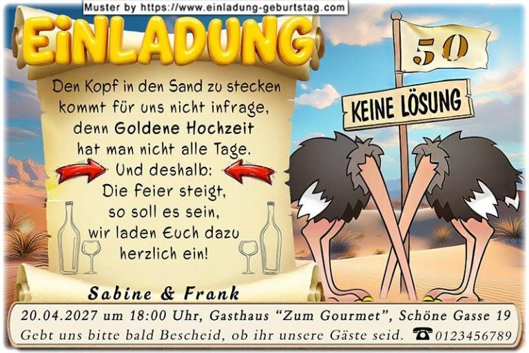 Die lustige Einladung zur Goldenen Hochzeit - ein Straußenpaar steckt den Kopf in den Sand - für Sie sind die beiden kein Vorbild - Sie feiern