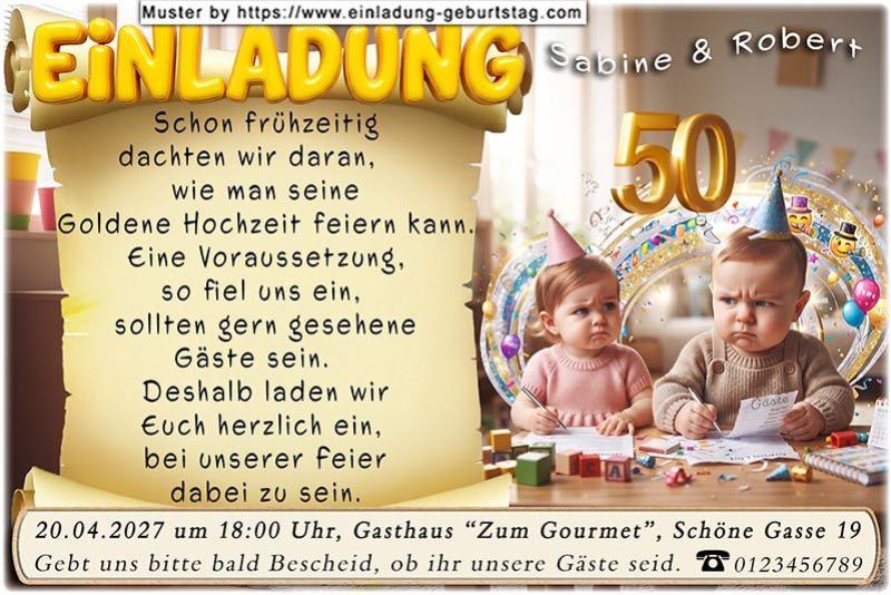 Die lustige Einladung zur Goldenen Hochzeit mit Ihren sehr frühen Planungen für Ihre Feier - Sie 2 als Babys