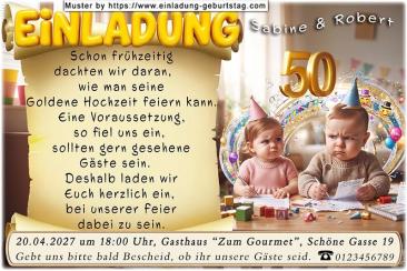 Die lustige Einladung zur Goldenen Hochzeit mit Ihren sehr frühen Planungen für Ihre Feier - Sie 2 als Babys