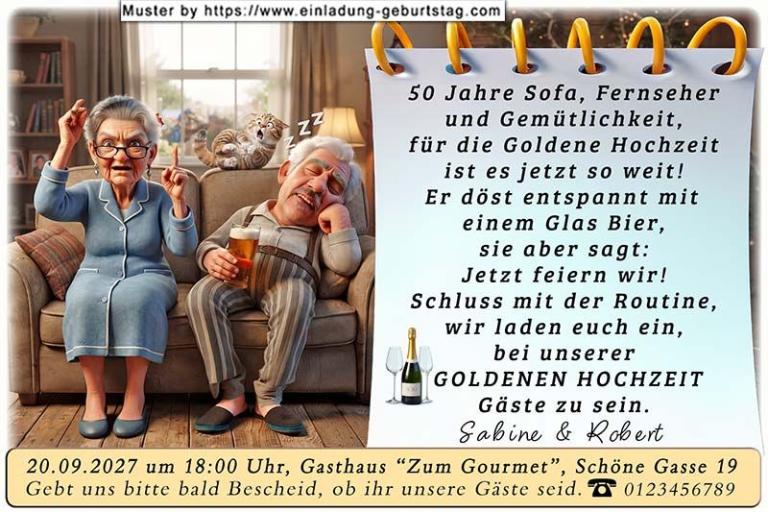 Die lustige Einladung zur Goldenen Hochzeit - Schluss mit der Routine, jetzt wird gefeiert!