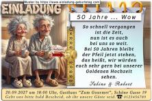 Die lustige Einladung zur Goldenen Hochzeit mit dem Ehepaar, das mit einem Kaffee auf der Bettkante sitzt und sich wundert.