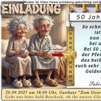 Die lustige Einladung zur Goldenen Hochzeit mit dem Ehepaar, das mit einem Kaffee auf der Bettkante sitzt und sich wundert.