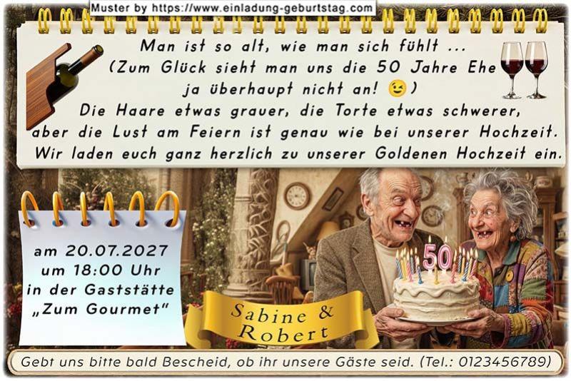 Die lustige Einladung zur Goldenen Hochzeit mit dem Ehepaar, das eine Torte mit der Zahl 50 in Händen hält
