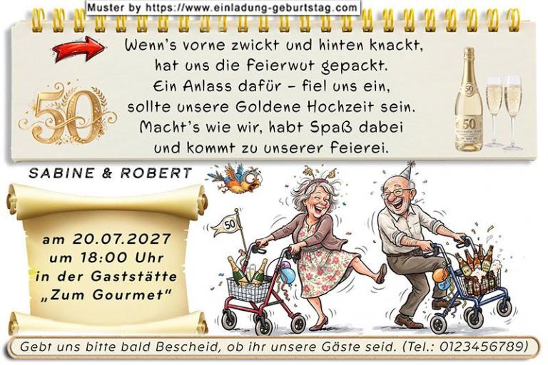 Die lustige Einladung zur Goldenen Hochzeit mit dem feierwütigen 50 Jahre verheiratetem Ehepaar