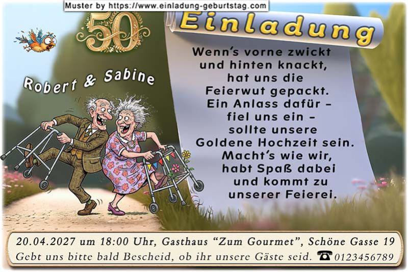 Die lustige Einladung zur Goldenen Hochzeit mit dem feierwütigen 50 Jahre verheiratetem Ehepaar