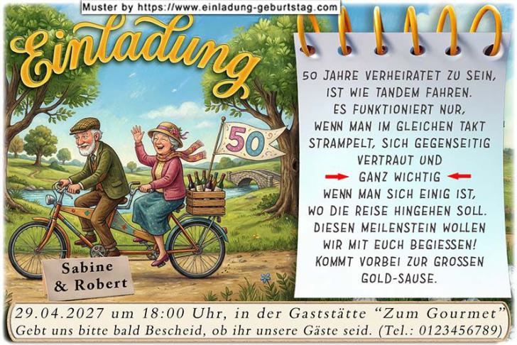 Einladung Goldene Hochzeit lustig - das immer noch verliebte Ehepaar auf der Parkbank