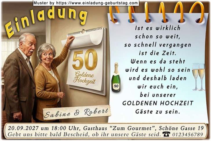 Die lustige Einladung zur Goldenen Hochzeit - Wie schnell doch die Zeit verhangen ist, aber ein Wandkalender lügt nicht.