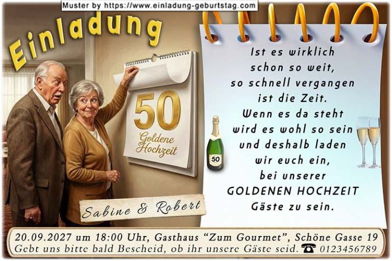 Die lustige Einladung zur Goldenen Hochzeit - Wie schnell doch die Zeit verhangen ist, aber ein Wandkalender lügt nicht.