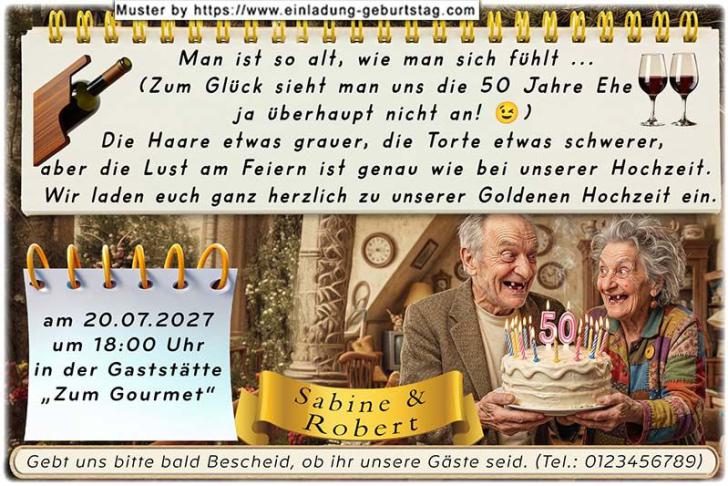 Einladung Goldene Hochzeit lustig - das entspannte Paar Hand in Hand freut sich auf die Goldene Hochzeitsfeier