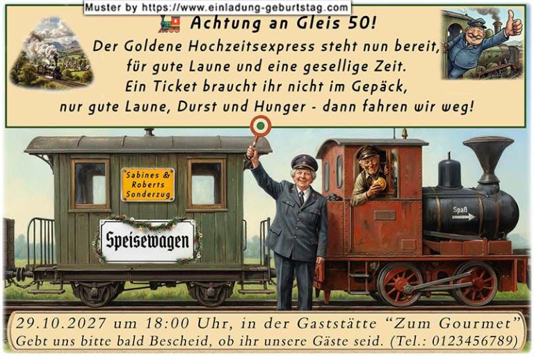 Die lustige Einladung zur Goldenen Hochzeit mit dem Sonderzug für Ihre Gäste, Abfahrt ist von Gleis 50
