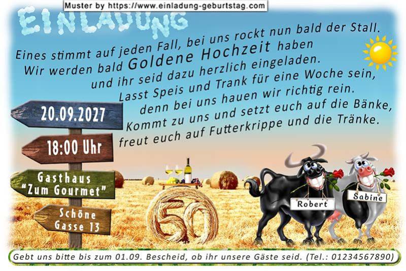 Die lustige Einladung zur Goldenen Hochzeit mit Bulle & Kuh - hier rockt bald der Stall