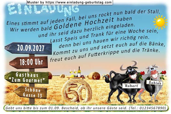 Die lustige Einladung zur Goldenen Hochzeit mit Bulle & Kuh - hier rockt bald der Stall