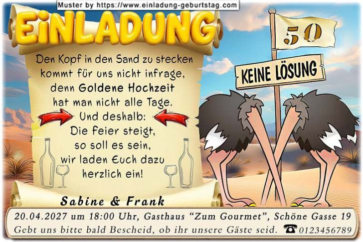 Einladung Goldene Hochzeit lustig - 2 Vögel Strauß stecken den Kopf in den Sand - für Sie ist das keine Lösung