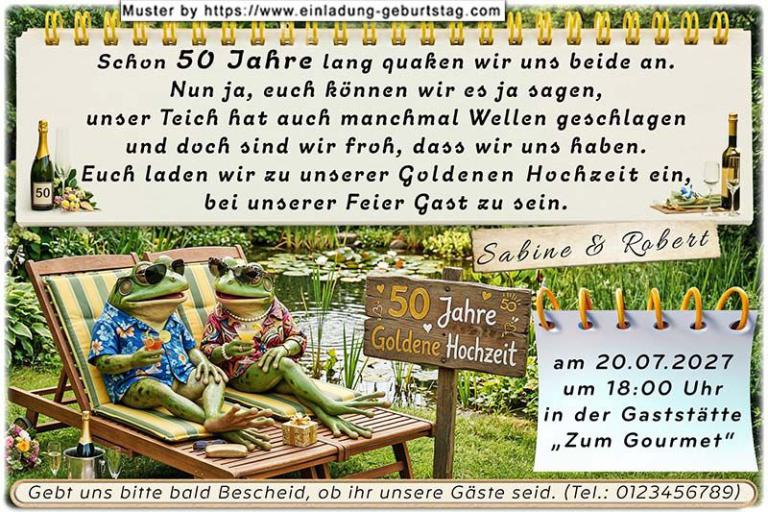 Einladung Goldene Hochzeit lustig - das relaxte Froschpaar im Liegestuhl am Gartenteich - 50 Jahre verheiratet