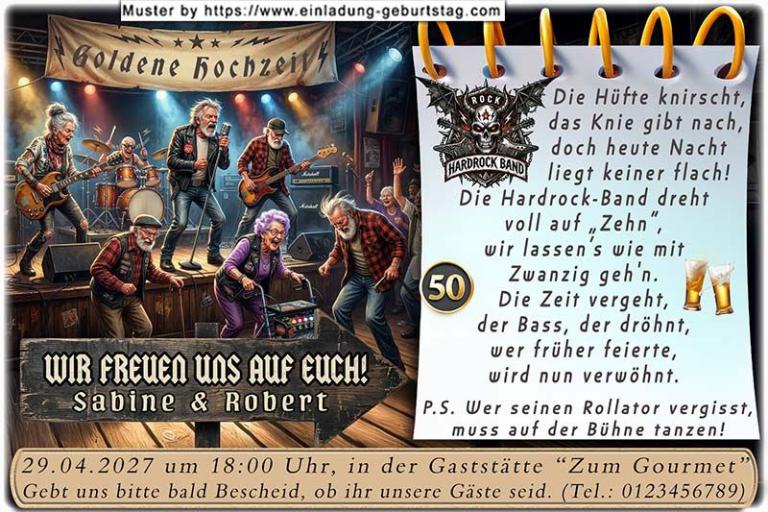 Die lustige Einladung zur Goldenen Hochzeit die zeigt, dass bei Ihrer Feier, egal wie alt man ist, Stimmung und Spaß angesagt sind