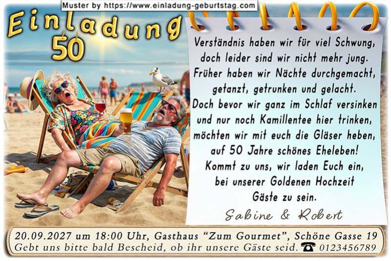 Die lustige Einladung zur Goldenen Hochzeit mit dem Ehepaar, das total geschafft im Liegestuhl am Strand liegt