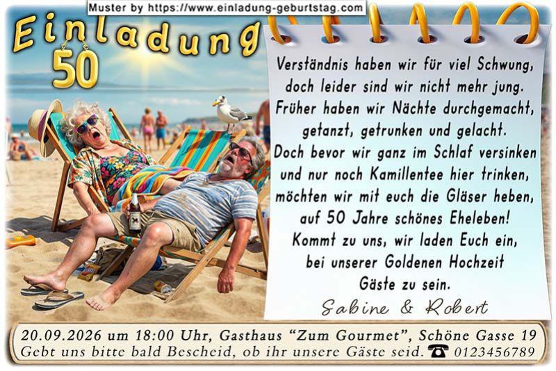 Einladung Goldene Hochzeit lustig - das geschaffte Paar im Liegestauhl am Strand