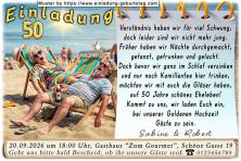 Einladung Goldene Hochzeit lustig - das geschaffte Paar im Liegestauhl am Strand