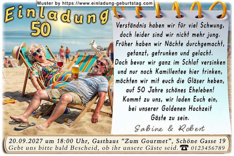 Einladung Goldene Hochzeit lustig - das geschaffte Paar im Liegestuhl am Strand