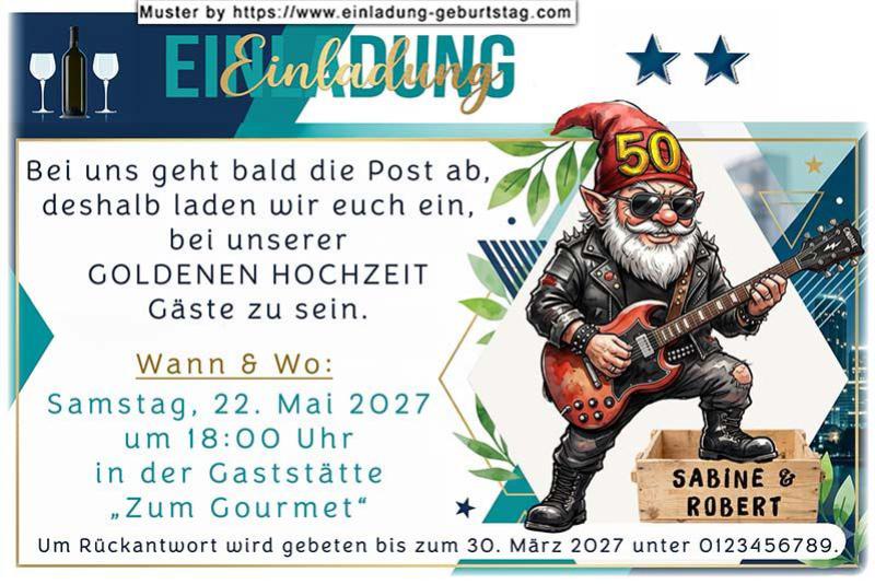 Diese lustige Einladung zur Goldenen Hochzeit zeigt Ihren Gästen, dass bei Ihrer Feier die Post abgehen wird
