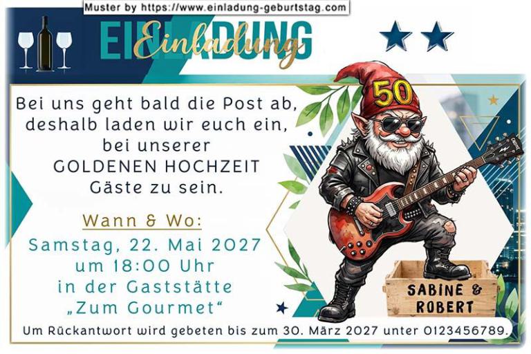 Diese lustige Einladung zur Goldenen Hochzeit zeigt Ihren Gästen, dass bei Ihrer Feier die Post abgehen wird