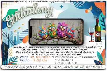 Die lustige Einladung zur Goldenen Hochzeit mit den bunten Vögeln, die nur noch zu wirklich guten feiern fliegen werden - Ihrer natürlich
