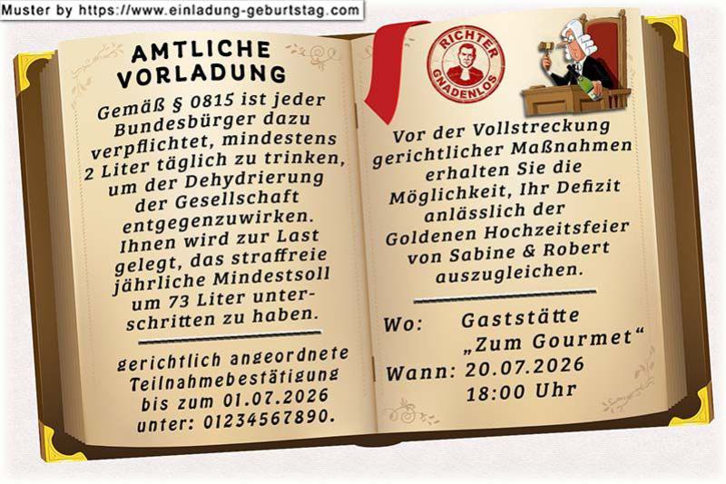 Einladung Goldene Hochzeit lustig - die amtliche Vorladung vom Richter zu Ihrer Goldenen Hochzeitsfeier