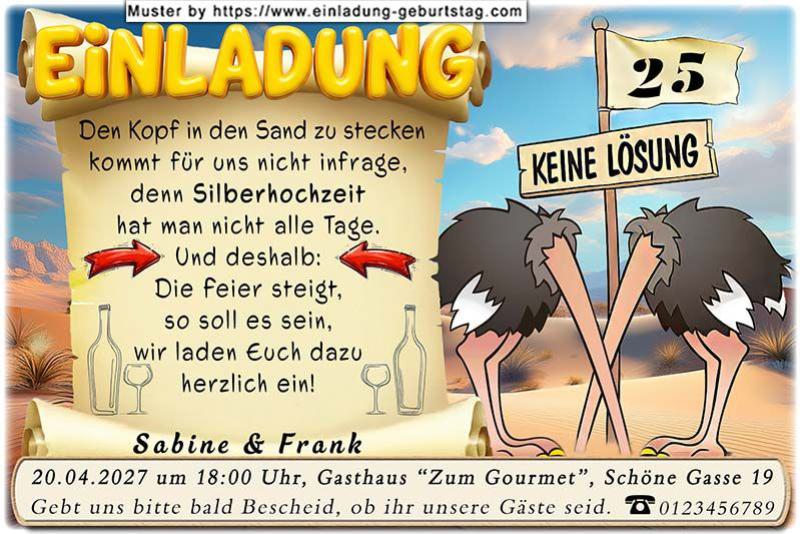 Die lustige Einladung zur Silberhochzeit mit 2 Vogel Strauß, die Ihren Kopf in den Sand stecken
