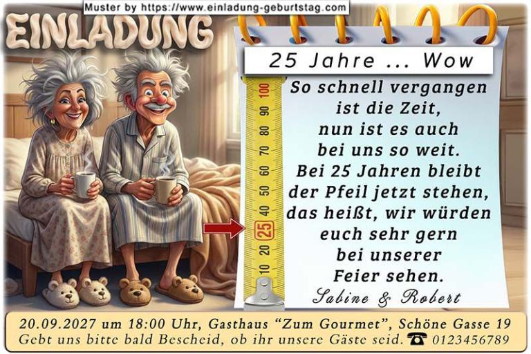 Die lustige Einladungskarte zur Silberhochzeit mit dem Paar auf der Bettkante sitzend