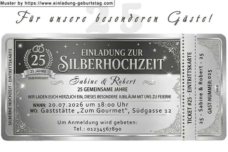 Die lustige Einladungskarte zur Silberhochzeit als silbernes Eintrittsticket für die Gäste