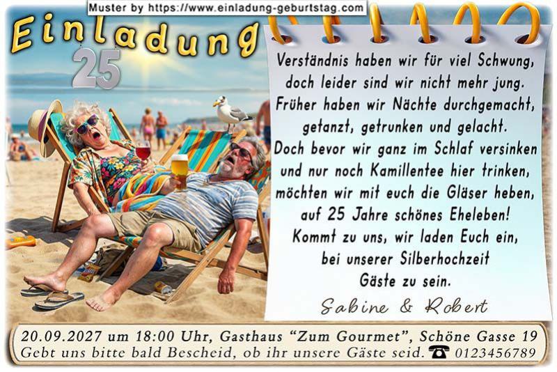 Die lustige Einladung zur Silberhochzeit mit dem geschafften Paar im Liegestuhl am Strand