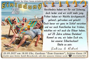Die lustige Einladung zur Silberhochzeit mit dem geschafften Paar im Liegestuhl am Strand