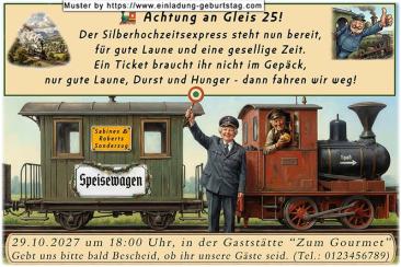Die lustige Einladung zur Silberhochzeit mit dem Sonderzug für Ihre Gäste - Achtung an Gleis 25