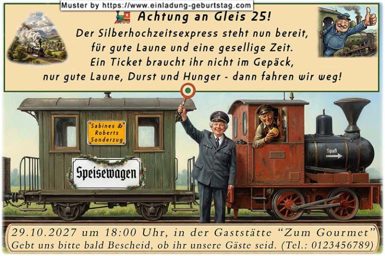 Die lustige Einladung zur Silberhochzeit mit dem Sonderzug für Ihre Gäste - Achtung an Gleis 25