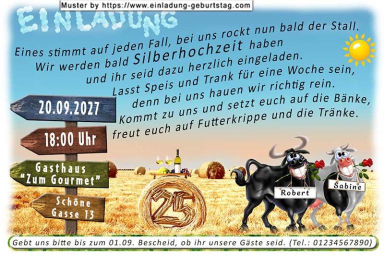 Die lustige Einladung zur Silberhochzeit - hier rockt bald der Stall - Bulle und Kuh laden ein