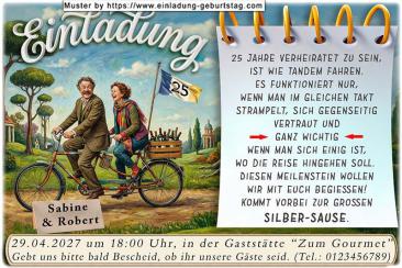 Die lustige Einladung zur Silberhochzeit mit dem Ehepaar, das gemeinsam auf dem Tandem fährt