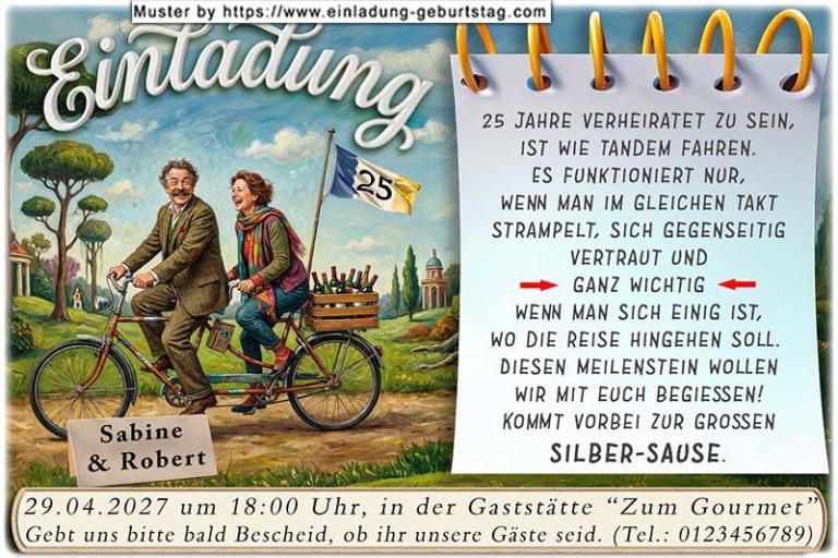 Die lustige Einladungskarte zur Silberhochzeit mit dem Paar auf einem Tandem