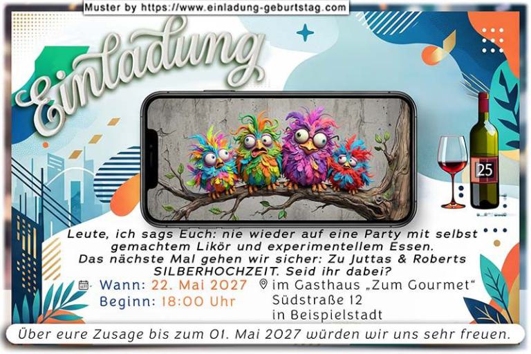 Die lustige Einladungskarte zur Silberhochzeit mit Bulle und Kuh, beide eine Rose im Maul