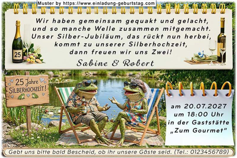 Die lustige Einladung zur Silberhochzeit mit den beiden Fröschen entspannt im Liegestuhl